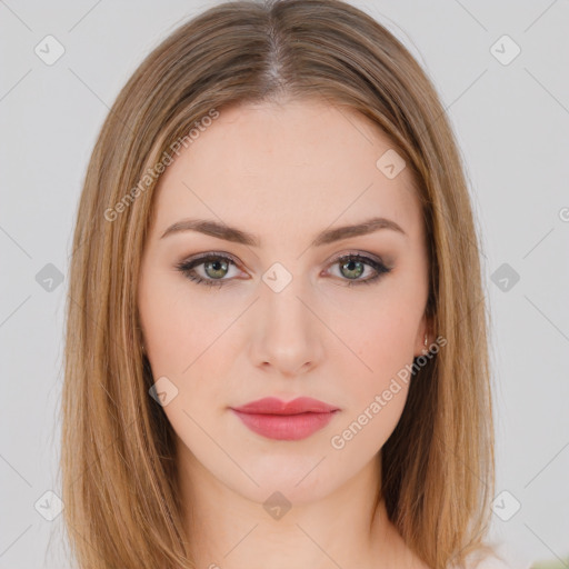 Neutral white young-adult female with long  brown hair and brown eyes