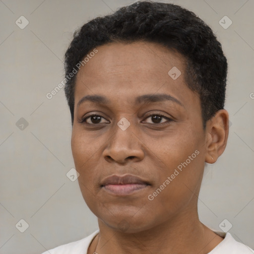 Joyful black adult female with short  black hair and brown eyes