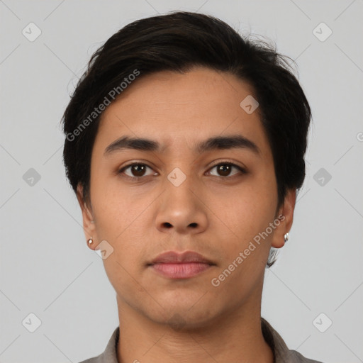 Neutral latino young-adult male with short  black hair and brown eyes