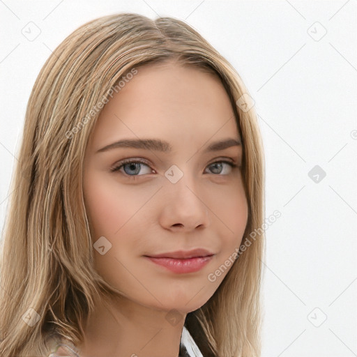 Neutral white young-adult female with long  brown hair and brown eyes