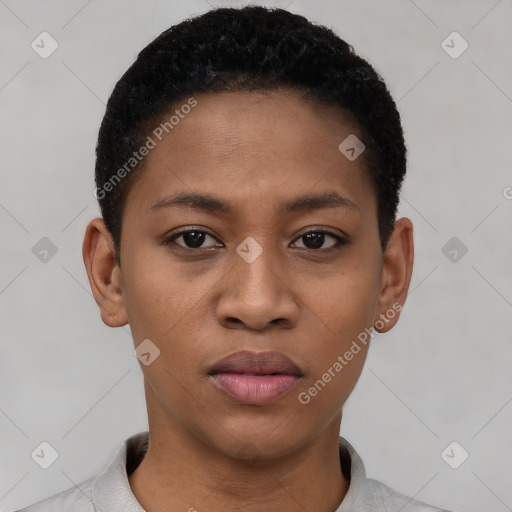 Joyful latino young-adult female with short  black hair and brown eyes