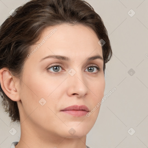 Neutral white young-adult female with short  brown hair and brown eyes