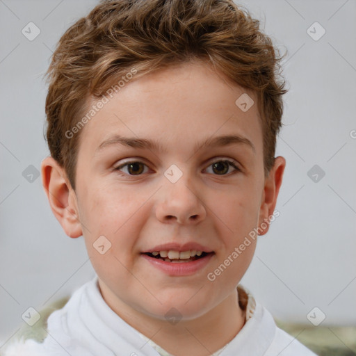 Joyful white child male with short  brown hair and brown eyes