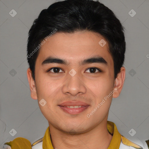 Joyful asian young-adult male with short  brown hair and brown eyes