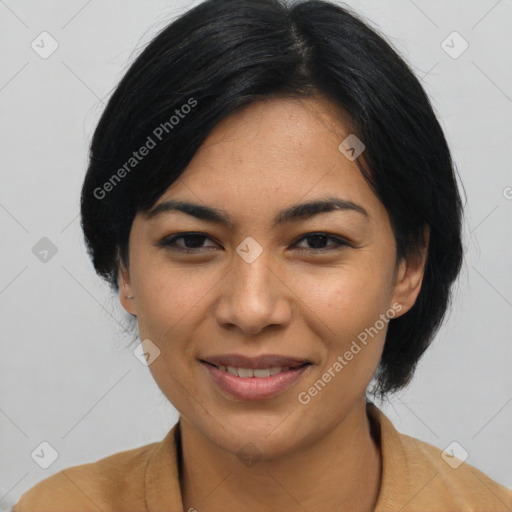 Joyful asian young-adult female with medium  black hair and brown eyes