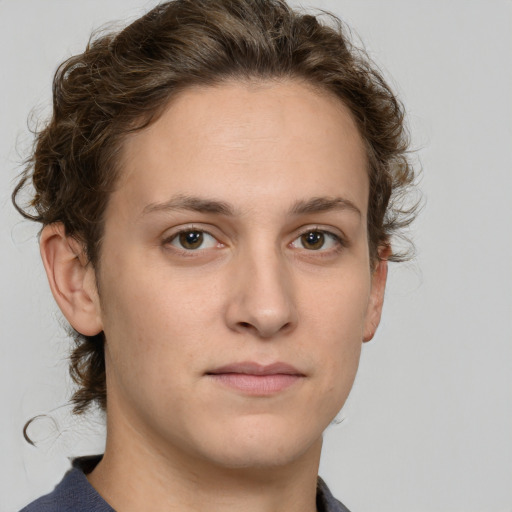 Neutral white young-adult female with short  brown hair and grey eyes