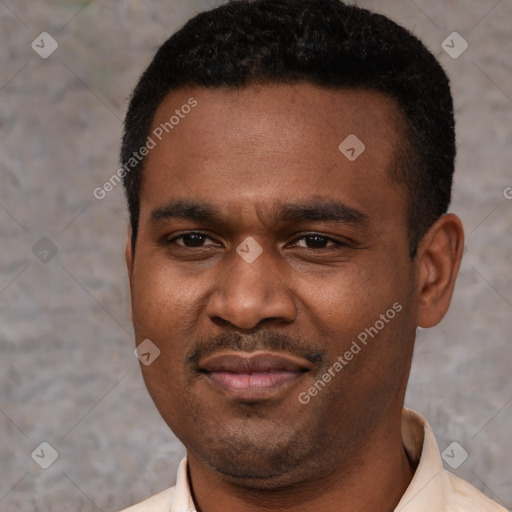Joyful black young-adult male with short  black hair and brown eyes