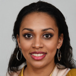 Joyful latino young-adult female with medium  black hair and brown eyes