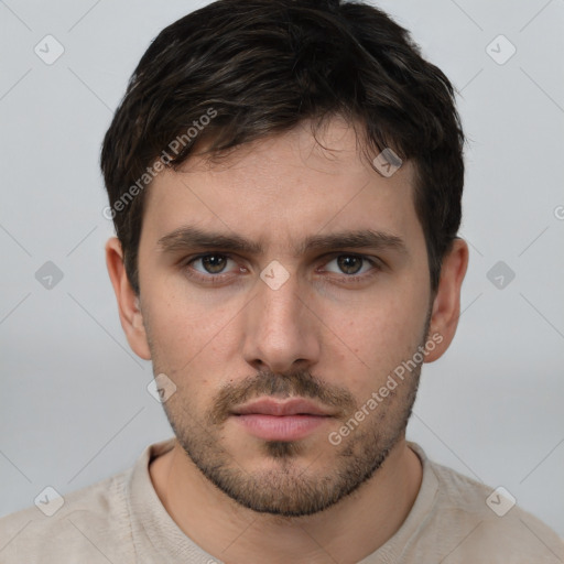 Neutral white young-adult male with short  brown hair and brown eyes