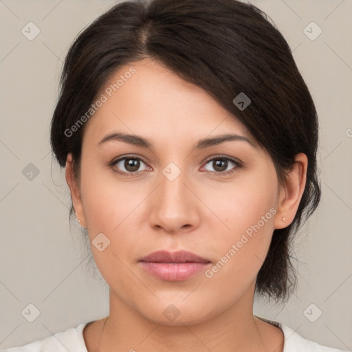 Neutral white young-adult female with medium  brown hair and brown eyes