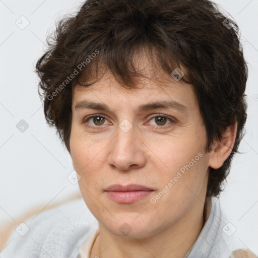 Joyful white adult female with short  brown hair and brown eyes