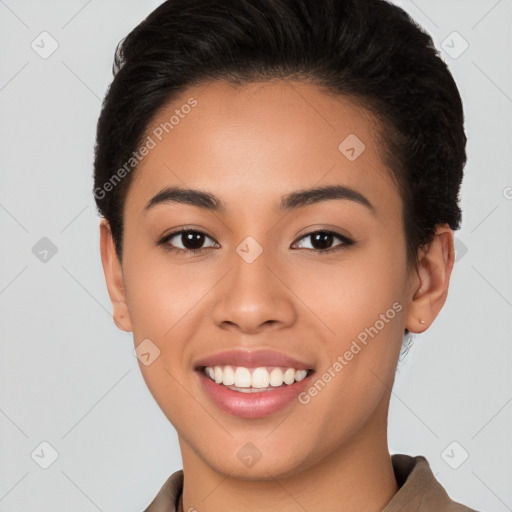 Joyful latino young-adult female with short  brown hair and brown eyes