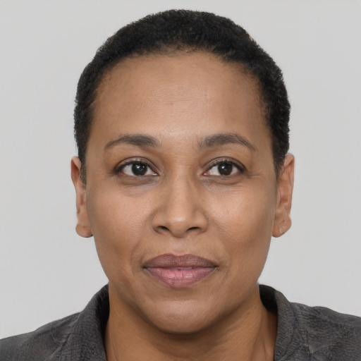 Joyful latino adult female with short  black hair and brown eyes