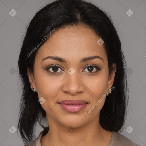 Joyful latino young-adult female with medium  brown hair and brown eyes