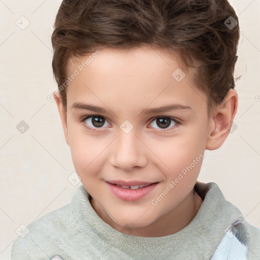 Joyful white child male with short  brown hair and brown eyes