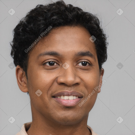 Joyful black young-adult male with short  brown hair and brown eyes