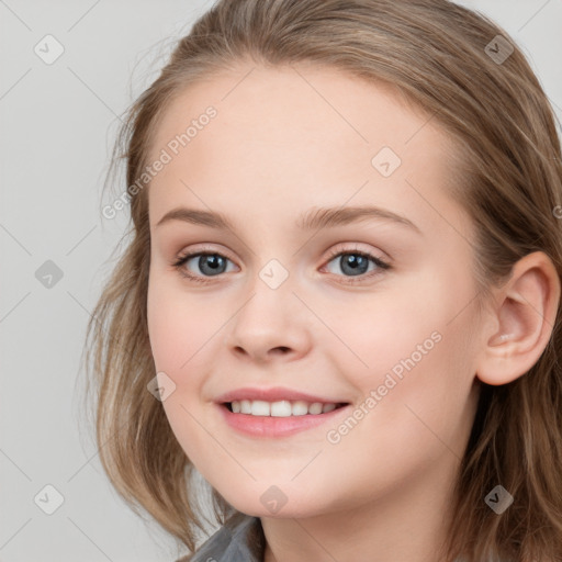 Joyful white young-adult female with long  brown hair and blue eyes