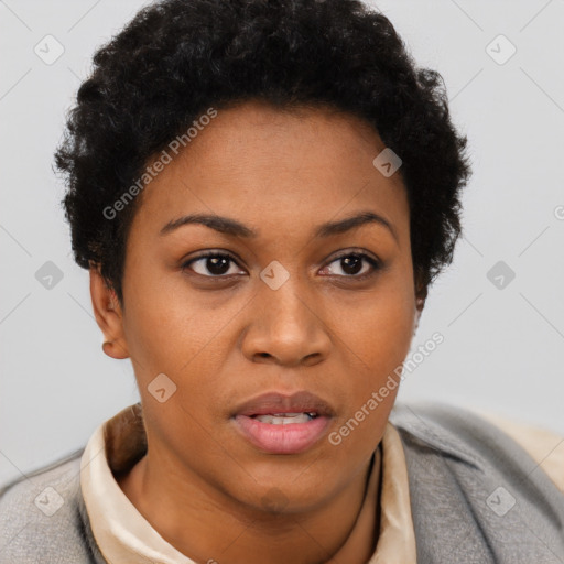 Joyful black young-adult female with short  brown hair and brown eyes