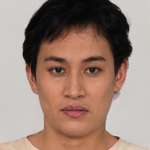 Neutral asian young-adult female with short  black hair and brown eyes