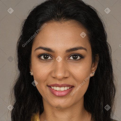 Joyful latino young-adult female with long  brown hair and brown eyes