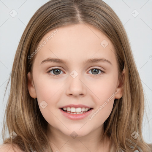 Joyful white child female with medium  brown hair and brown eyes