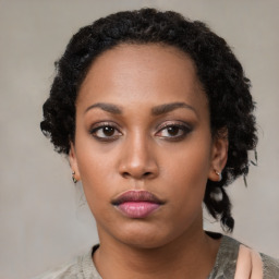 Neutral black young-adult female with short  black hair and brown eyes