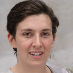 Joyful white adult female with short  brown hair and grey eyes