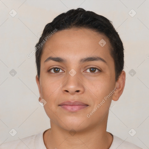 Neutral latino young-adult female with short  black hair and brown eyes