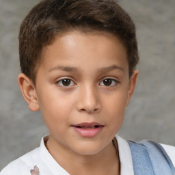 Joyful white child female with short  brown hair and brown eyes