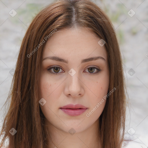 Neutral white young-adult female with long  brown hair and brown eyes