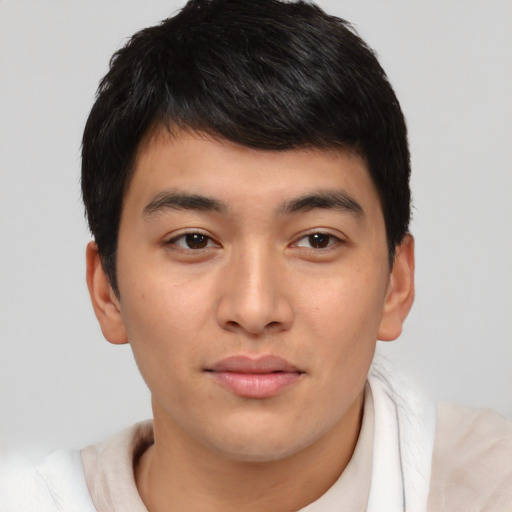 Neutral asian young-adult male with short  brown hair and brown eyes