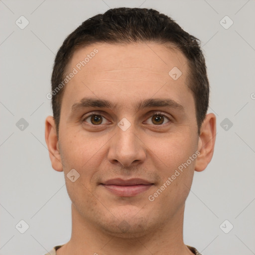 Joyful white young-adult male with short  brown hair and brown eyes