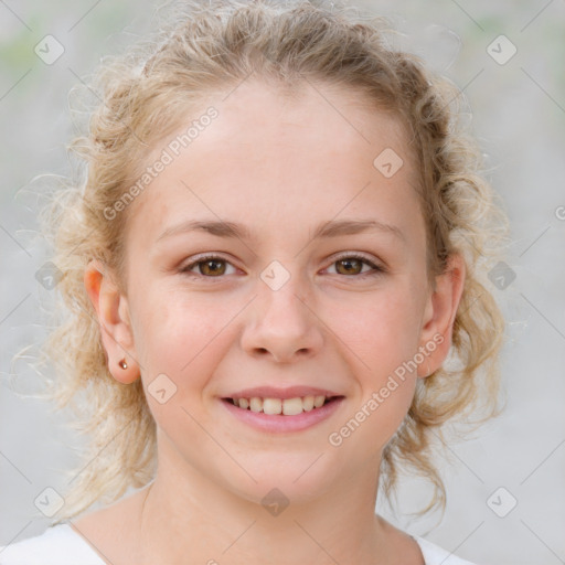 Joyful white child female with medium  brown hair and brown eyes