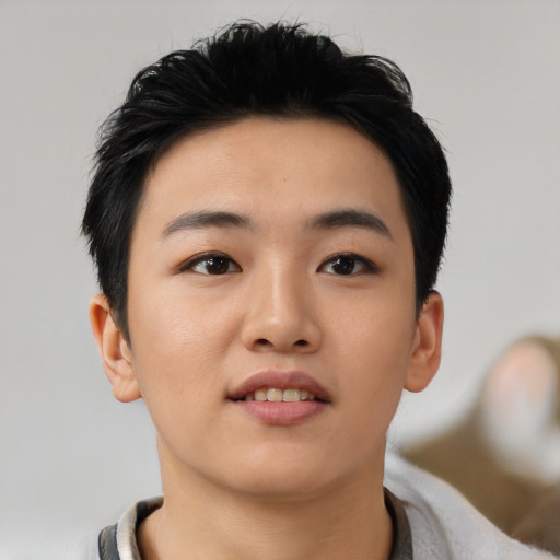 Neutral asian young-adult female with short  black hair and brown eyes