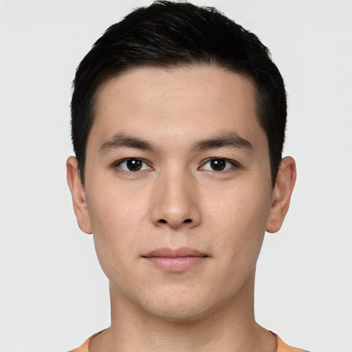 Neutral white young-adult male with short  black hair and brown eyes