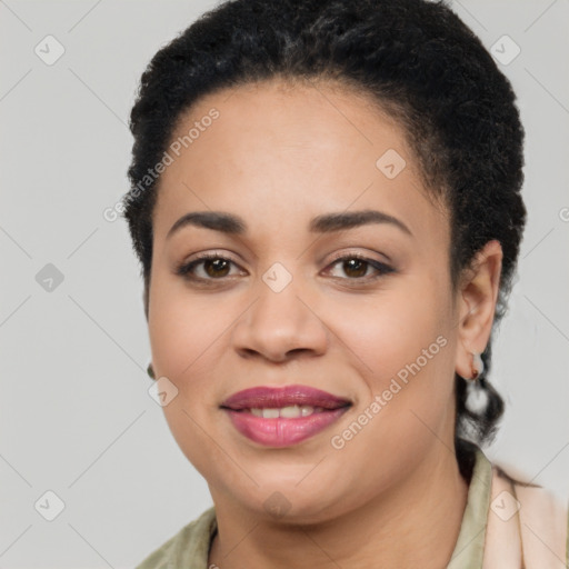 Joyful latino young-adult female with short  brown hair and brown eyes