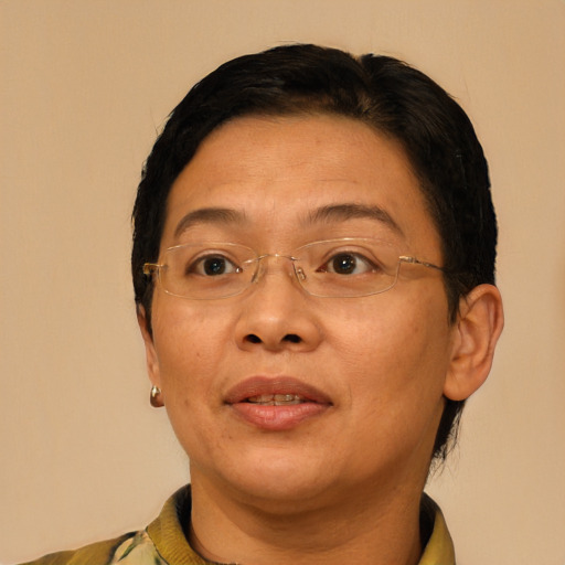 Joyful asian adult female with short  brown hair and brown eyes