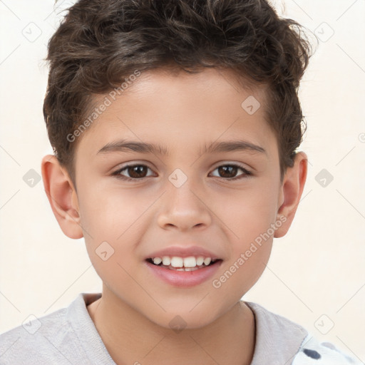 Joyful white child male with short  brown hair and brown eyes