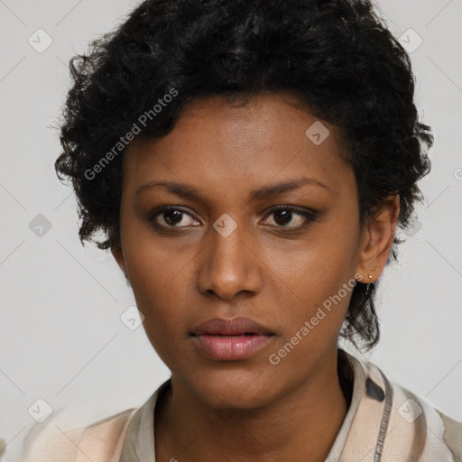 Neutral latino young-adult female with short  black hair and brown eyes