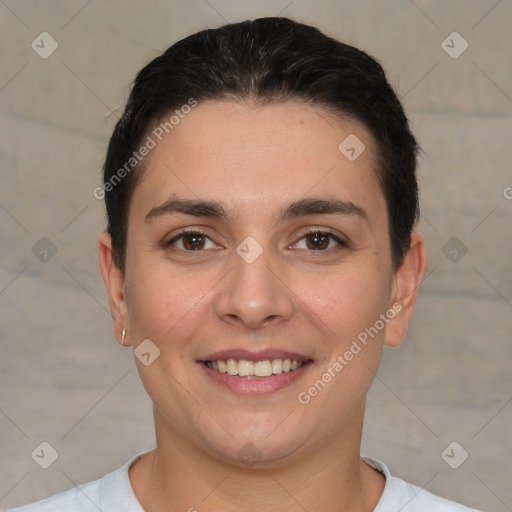 Joyful white young-adult female with short  brown hair and brown eyes