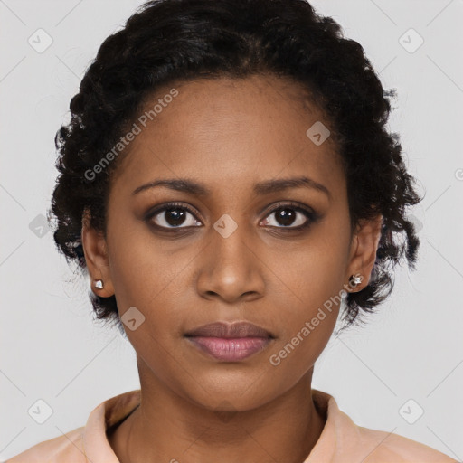 Neutral black young-adult female with short  black hair and brown eyes