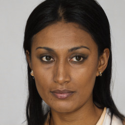 Neutral asian young-adult female with long  brown hair and brown eyes