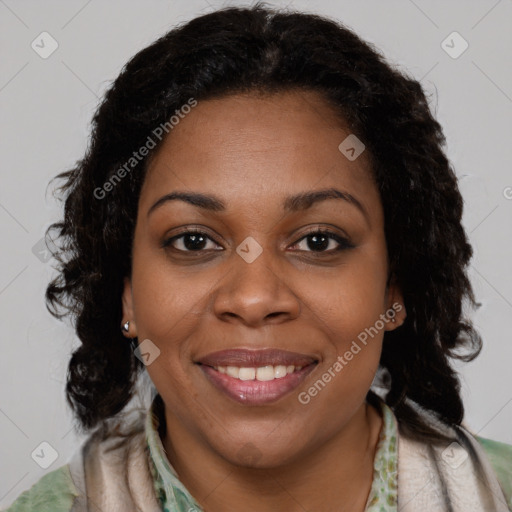 Joyful black young-adult female with medium  brown hair and brown eyes