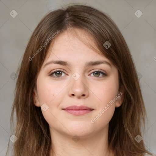 Joyful white young-adult female with medium  brown hair and green eyes