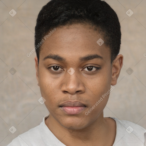 Neutral black young-adult female with short  black hair and brown eyes