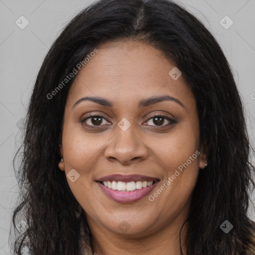 Joyful latino young-adult female with long  brown hair and brown eyes