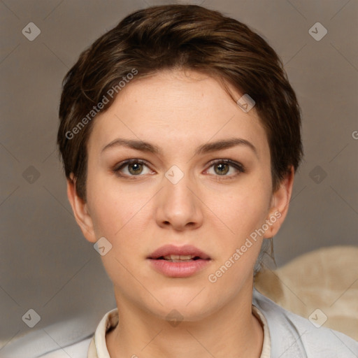 Neutral white young-adult female with short  brown hair and brown eyes