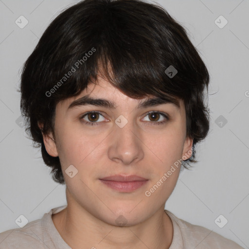 Joyful white young-adult male with medium  brown hair and brown eyes