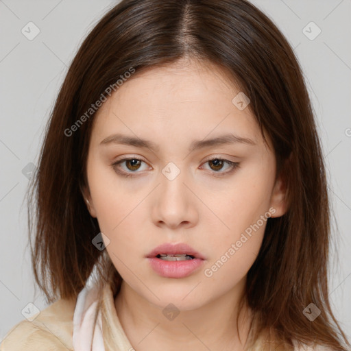 Neutral white young-adult female with medium  brown hair and brown eyes