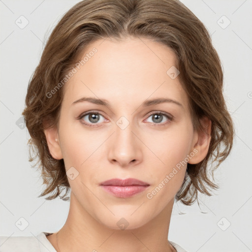 Neutral white young-adult female with medium  brown hair and grey eyes